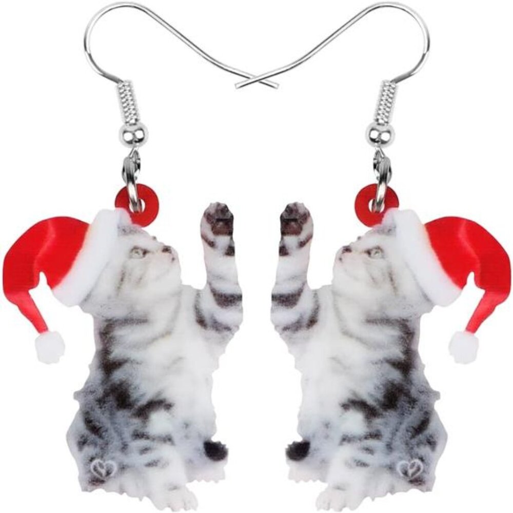 Cute Christmas Cat Dangle Earrings for Women & Girls - Charming Holiday Gifts